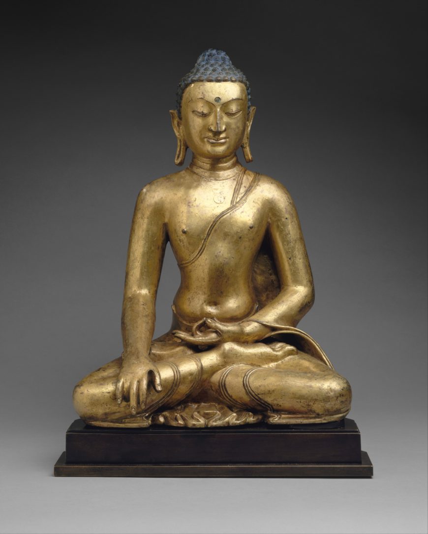 Buddha Shakyamuni or Akshobhya, the Buddha of the East, 11th–12th century, Tibet, gilt copper, 58 cm high (The Metropolitan Museum of Art)