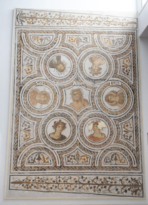 Mosaic with Sol, Luna, Aion, and the four seasons, House of Silenus, Thysdrus (Tunisia), late 3rd–early 4th century C.E. (Ariel Fein, CC BY-NC-SA 2.0)