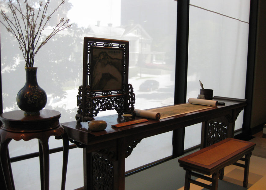 Reconstruction of a scholar's desk from the exhibition, "In Pursuit of Elegance and Simplicity: Chinese Scholars’ Studio Furniture from the Tseng Collection"