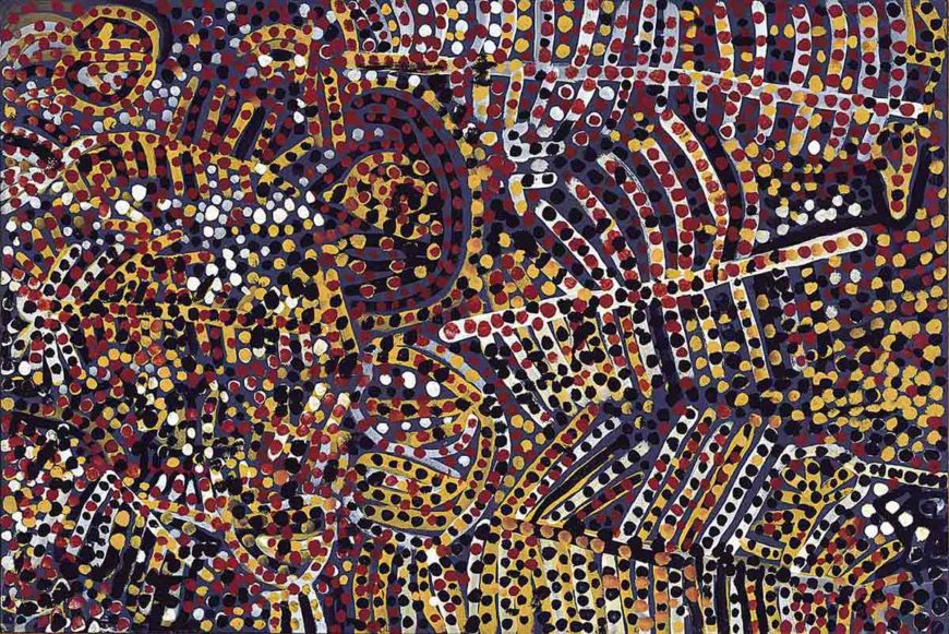 Emily Kame Kngwarreye, Emu Woman, 1988–89, synthetic polymer paint on canvas, 92 x 61 cm (The Holmes à Court Collection, Heytesbury; photo: National Museum of Australia) © Emily Kame Kngwarreye