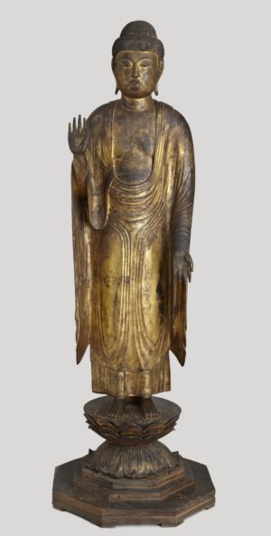 Standing Buddha, 12th century, Japan, wood, gold leaf, lacquer, and textile, 209.3 cm high (National Museum of Asian Art)