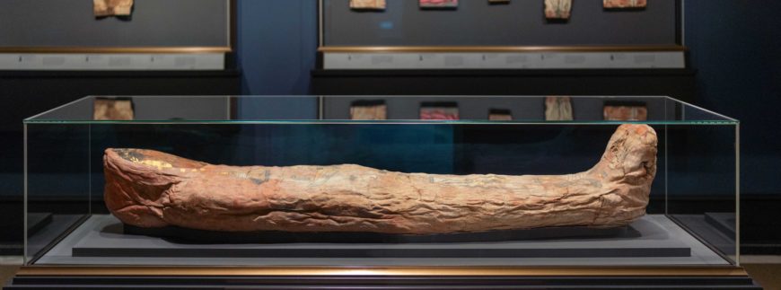 Mummy of Herakleides, 120–140 C.E., Romano-Egyptian, human and bird remains; linen, pigment, beeswax, gold, and wood, 175.3 x 44 x 33 cm (Getty Villa, Los Angeles)