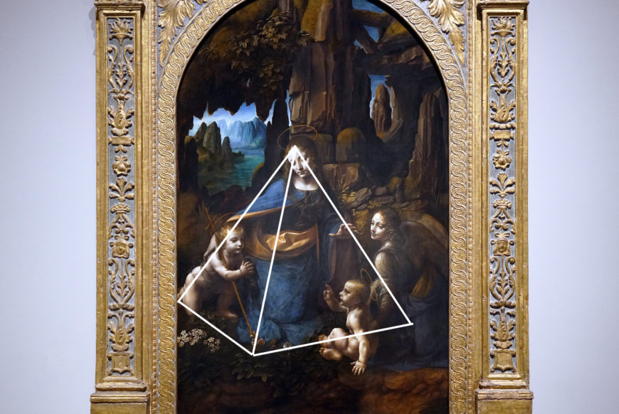 Implied pyramid, Leonardo da Vinci, The Virgin of the Rocks, c. 1483–86, oil on panel, 199 x 122 cm (The National Gallery, London; photo: Steven Zucker, CC BY-NC-SA 2.0)