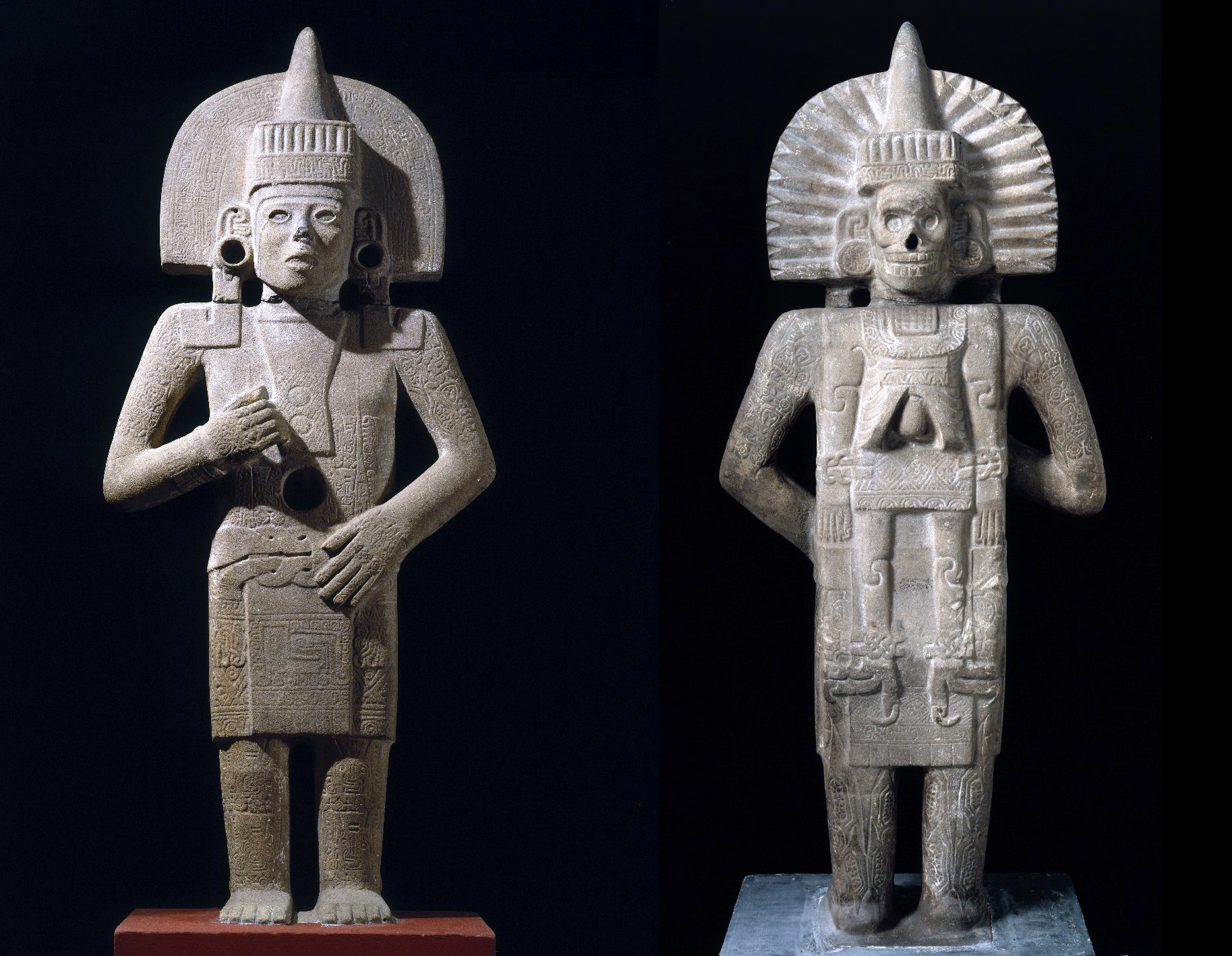 Life-Death Figure (front and back), c. 900–1250, Huastec (found between San Vicente Tancauyalab & Tamuin, San Luis Potosi, Northern Veracruz, Mexico), sandstone with traces of pigment, 158.4 x 66 x 29.2 cm (Brooklyn Museum)