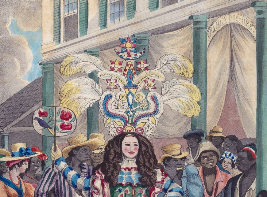 Detail showing Actor Boy in front of the shop owned by Miguel Q. Henriques, Isaac Mendes Belisario, "Koo Koo, or Actor Boy" from Sketches of Character, In Illustration of the Habits, Occupations, and Costume of the Negro Population in the Island of Jamaica, 1837–38, hand-painted lithographic prints (Yale Center for British Art)