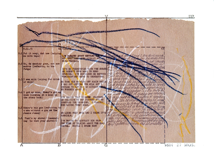 Mary Kelly, Post-Partum Document, 1973-79, perspex units, white card, sugar paper, crayon, 1 of the 13 units, 35.5 x 28 cm each
