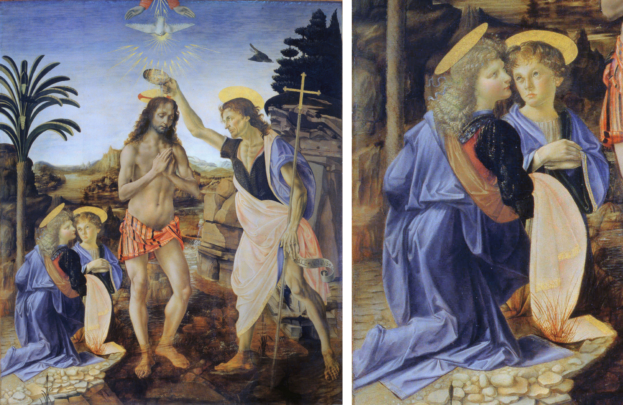 Left: Andrea del Verrocchio (with Leonardo), Baptism of Christ, 1470–75, oil and tempera on panel, 180 x 152 cm (Galleria degli Uffizi, Florence; photo: Pixel8tor); right: Angels (detail), Andrea del Verrocchio (with Leonardo), Baptism of Christ, 1470–75, oil and tempera on panel, 180 x 152 cm (Galleria degli Uffizi, Florence; photo: Pixel8tor)