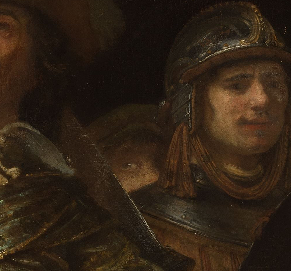 Rembrandt’s self-portrait—just one eye and a beret? (detail), Rembrandt van Rijn, The Night Watch, 1642, oil on canvas, 379.5 x 453.5 cm (Rijksmuseum, Amsterdam, Netherlands)