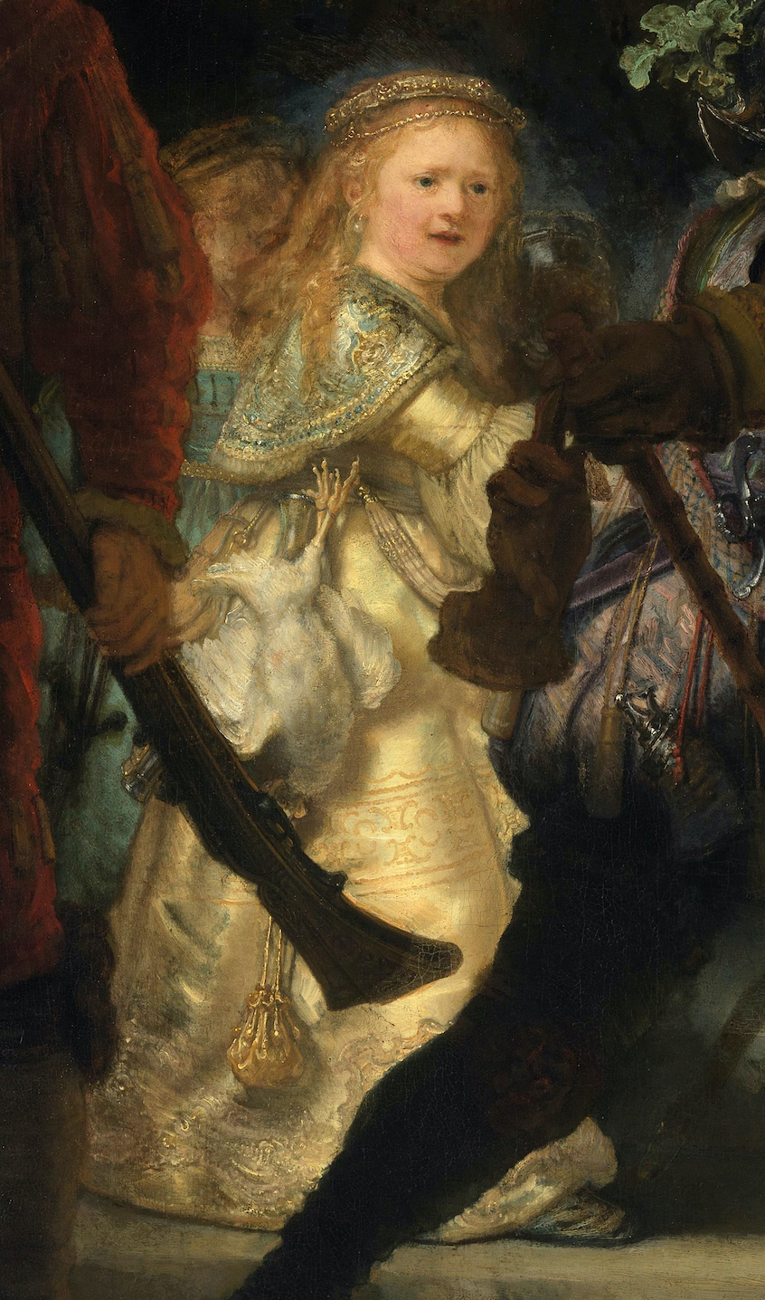 Golden girl (detail), Rembrandt van Rijn, The Night Watch, 1642, oil on canvas, 379.5 x 453.5 cm (Rijksmuseum, Amsterdam, Netherlands)