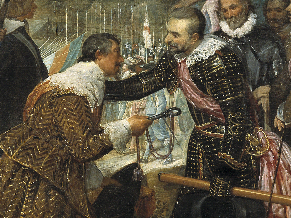 Exchange of keys from the Dutch to the Spanish captain (detail), Diego Velázquez, The Surrender of Breda, 1634–35, oil on canvas, 307 cm × 367 cm (Museo del Prado, Madrid, Spain)