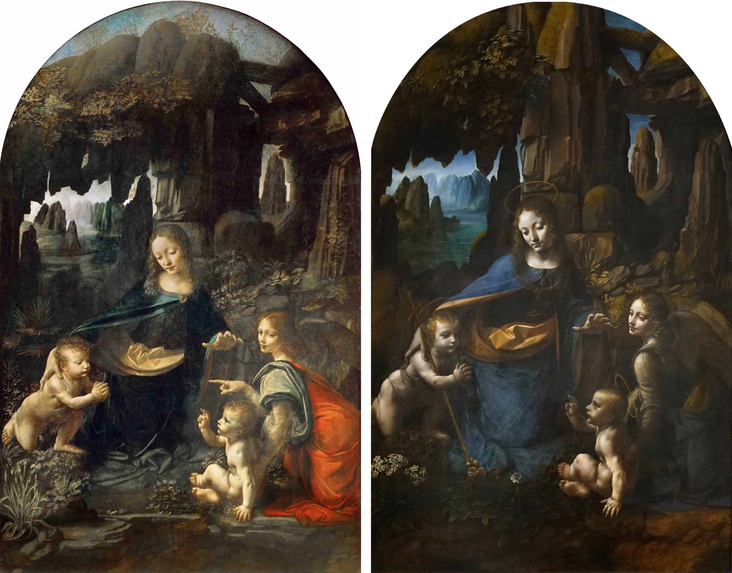 Left: Leonardo da Vinci, The Virgin of the Rocks, c. 1483–86, oil on panel, 199 x 122 cm (Musée du Louvre); right: Leonardo da Vinci, The Virgin of the Rocks, c. 1491–1508, oil on panel, 189.5 x 120 cm (The National Gallery, London; photo: Steven Zucker, CC BY-NC-SA 2.0)
