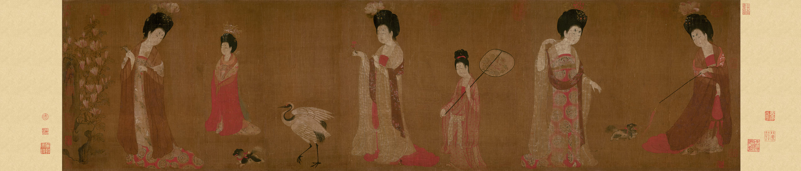 Attributed to Zhou Fang, Ladies Wearing Flowers in Their Hair, c. late 8th–early 9th century, handscroll, ink and color on silk, 46 x 180 cm (Liaoning Provincial Museum, Shenyang province, China)