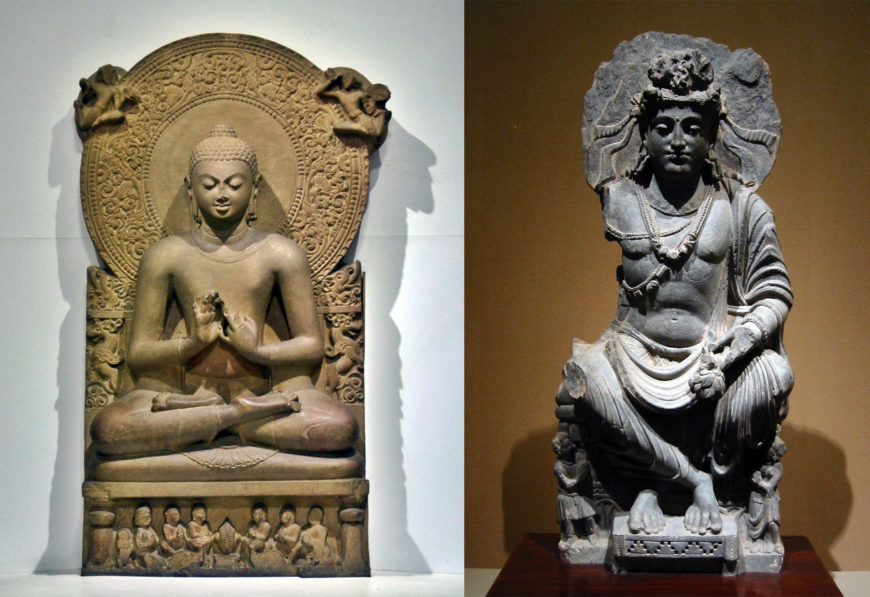Left: Gupta Buddha, 5th century, Sarnath, India (Sarnath Museum); right: Seated Maitreya Bodhisattva, Gandhara, Kushan Dynasty, 1st–3rd centuries C.E. (Tokyo National Museum)