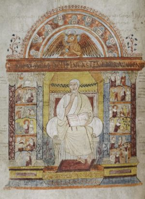 Full-page miniature of St. Luke as an evangelist (f. 129v), ca. 500–599 C.E. This page prefaces the Gospel of Luke in Cambridge, Corpus Christi College, MS 286: Gospels of St Augustine. (Parker Library, Corpus Christi College, Cambridge, UK)