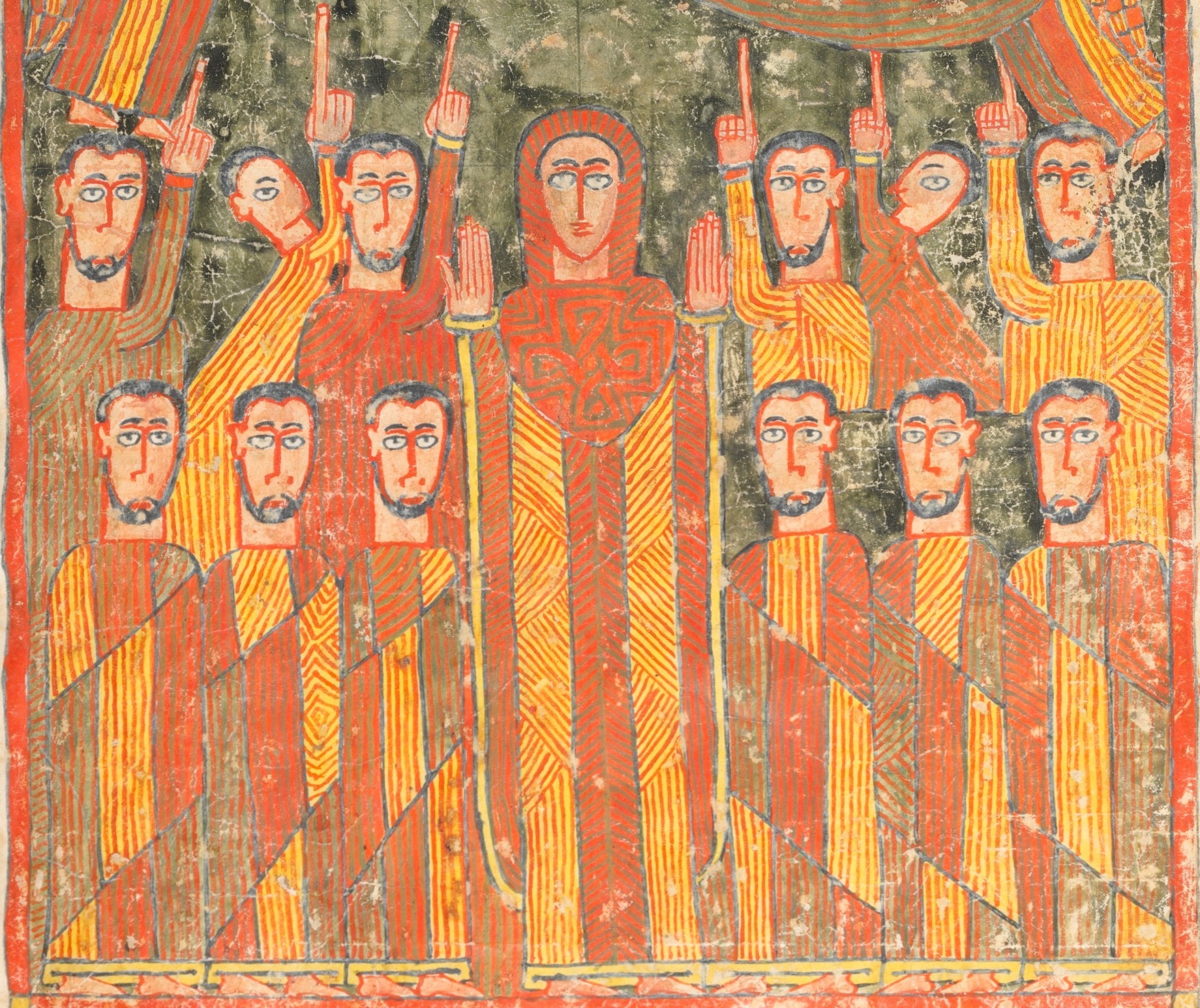 Mary and the apostles (detail), Illuminated Gospel, Amhara peoples, Ethiopia, late 14th–early 15th century, parchment (vellum), wood (acacia), tempera and ink, 41.9 x 28.6 x 10.2 cm (The Metropolitan Museum of Art, New York)