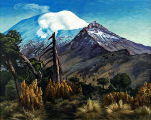 Dr. Atl, View of Popocatepetl, 1934, tempera and atl color on masonite, 100 x 125 cm (Colección Blaisten)