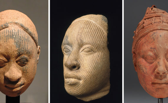 Left: Male figure, probably one of the king's servants, 12th–14th century, terracotta, 15.5 cm high, Ife, Nigeria (Louvre Museum); center: Fragment of a head, 1100–1500, terracotta, 15.2 x 8.3 x 9.5 cm, Ife, Nigeria (Brooklyn Museum); right: Head, possibly a King, 12th–14th century, terracotta, 26.7 x 14.5 x 18.7 cm (Kimbell Art Museum, Fort Worth)