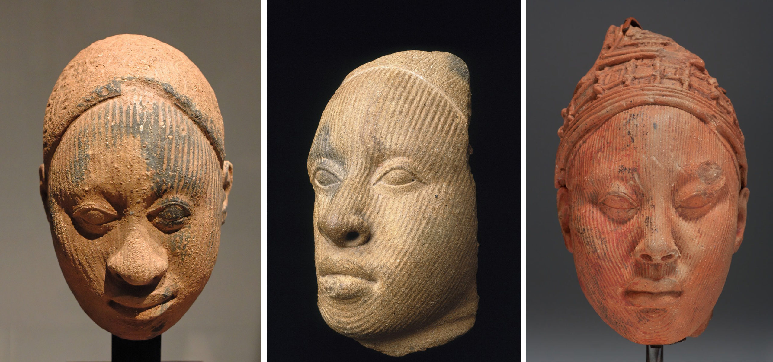Left: Male figure, probably one of the king's servants, 12th–14th century, terracotta, 15.5 cm high, Ife, Nigeria (Louvre Museum); center: Fragment of a head, 1100–1500, terracotta, 15.2 x 8.3 x 9.5 cm, Ife, Nigeria (Brooklyn Museum); right: Head, possibly a King, 12th–14th century, terracotta, 26.7 x 14.5 x 18.7 cm (Kimbell Art Museum, Fort Worth)
