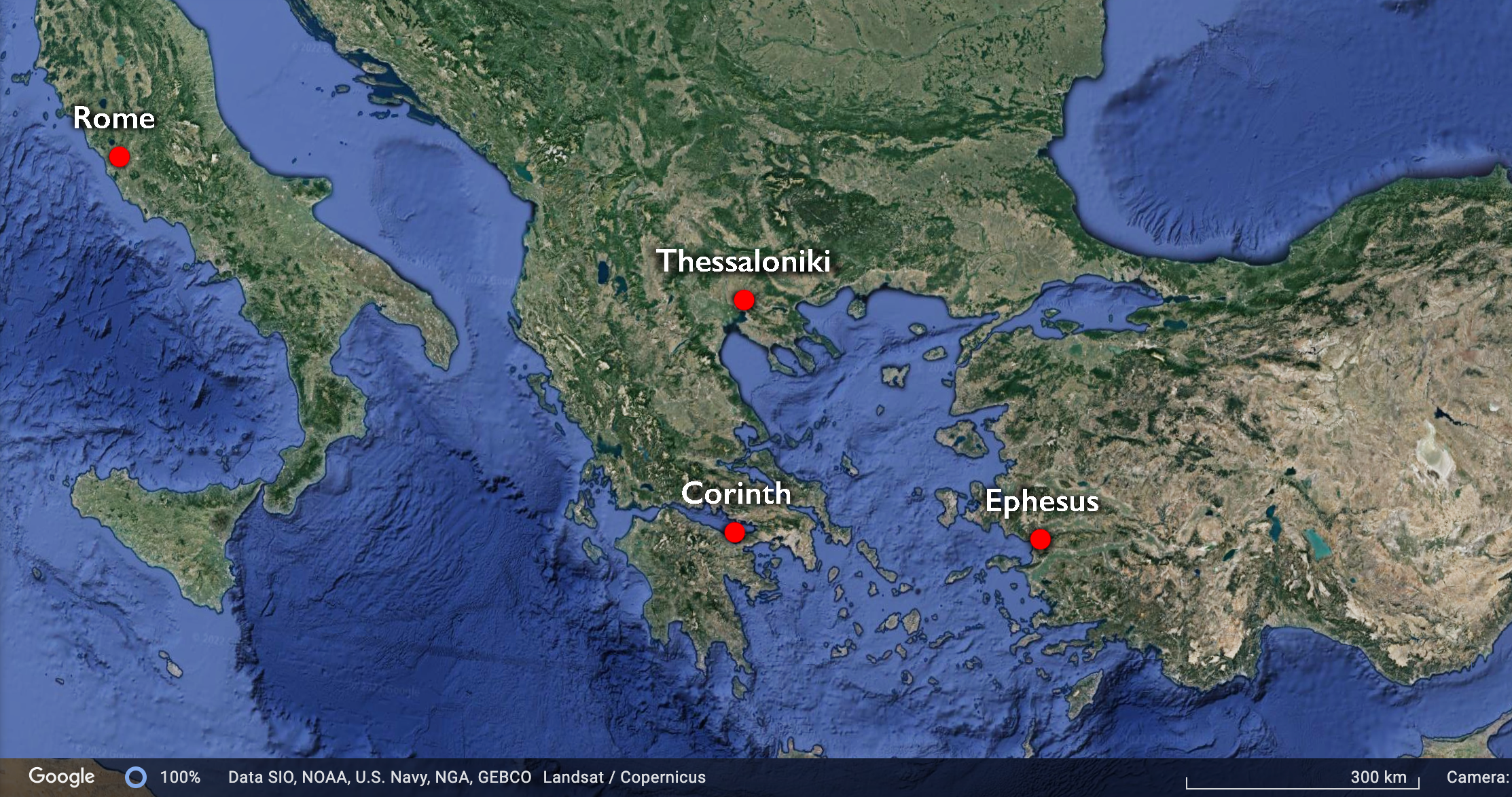 Map of Ephesus, Corinth, Thessaloniki, and Rome. Underlying map © Google.