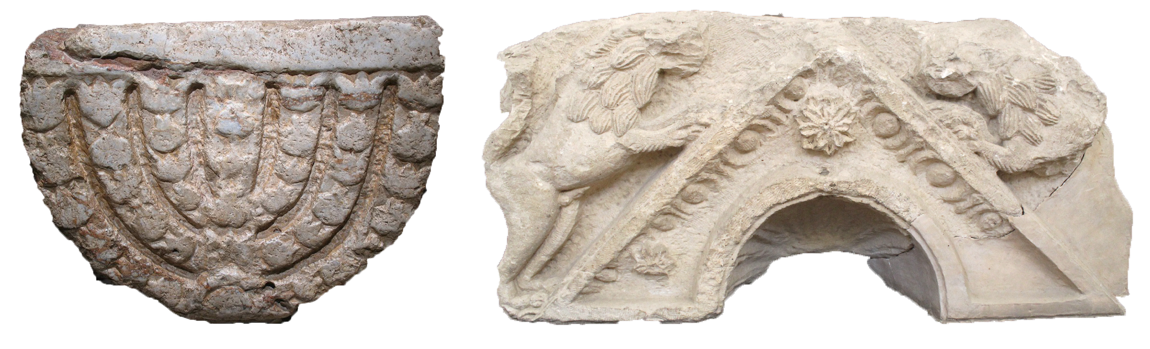 Left: Menorah from the synagogue at Hammath Tiberias A, 5th–6th century C.E., limestone (Israel Museum); Torah Ark lintel, Nabratein synagogue, 3rd century C.E. (Davidbena, CC BY 4.0)