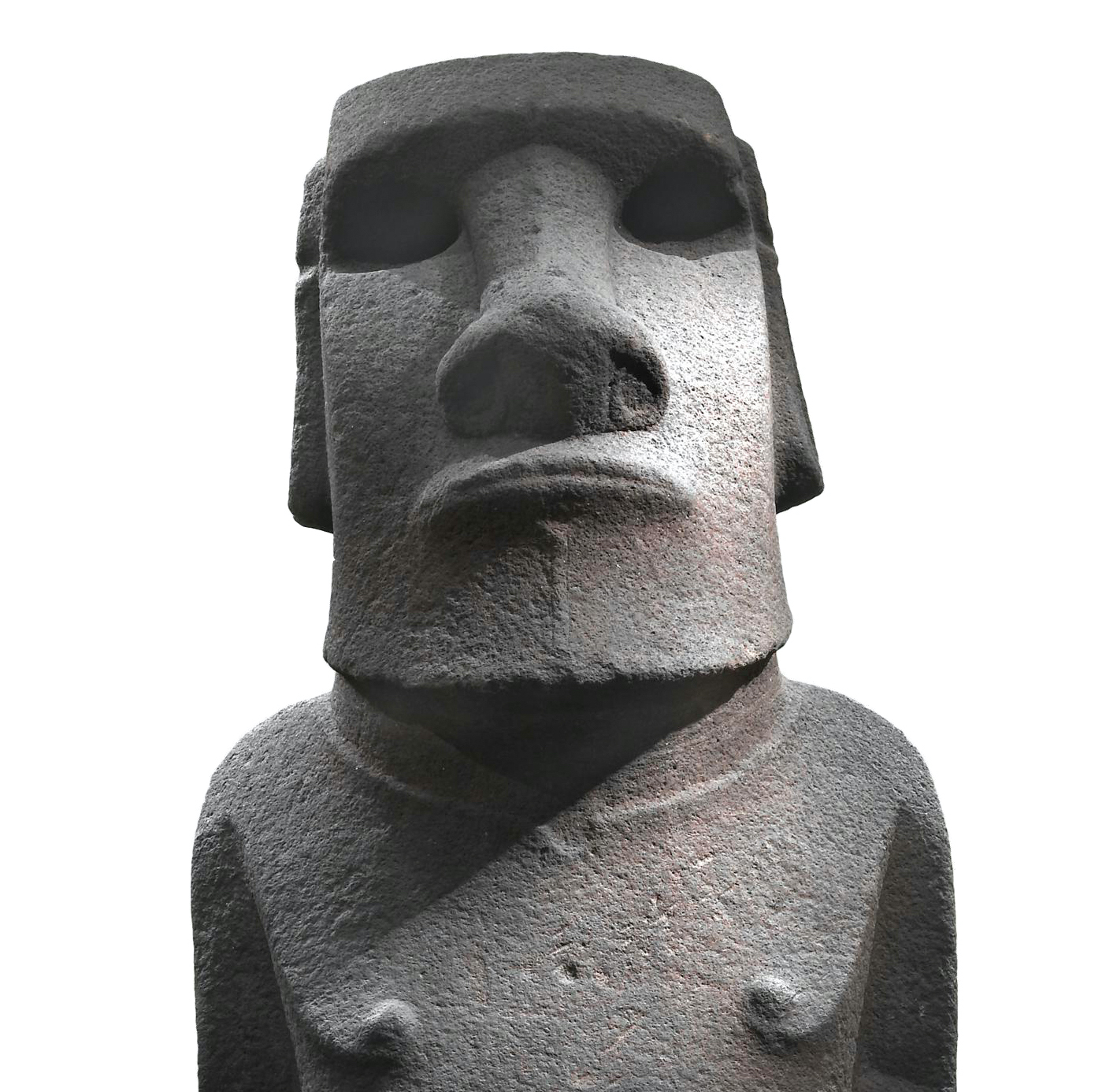 Bust (detail), Hoa Hakananai'a ('lost or stolen friend’), Moai (ancestor figure), c. 1200 C.E., 242 x 96 x 47 cm, basalt (missing paint, coral eye sockets, and stone eyes), likely made in Rano Kao, Rapa Nui (Easter Island), found in the ceremonial center Orongo (© The Trustees of the British Museum)