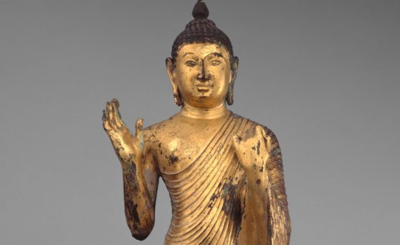 Buddha Offering Protection, 10th century, Sri Lanka, central plateau, copper alloy with gilding, 60.3 x 17.8 x 10.2 cm (The Metropolitan Museum of Art)