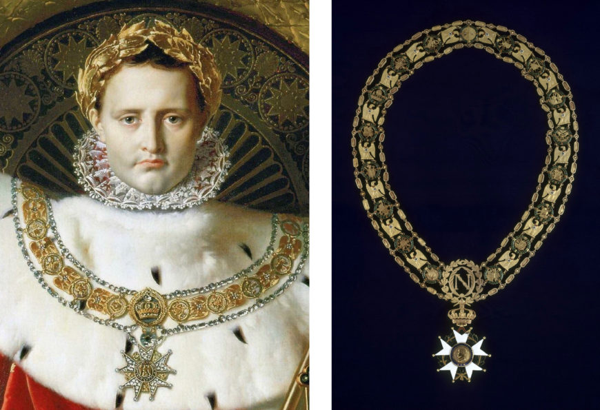 Left: Napoleon (detail), Jean-Auguste-Dominique Ingres, Napoleon on his Imperial Throne, 1806, oil on canvas, 260 x 163 cm (Musée de l'Armée, Paris; photo: Steven Zucker, CC BY-NC-SA 2.0); right: Necklace of the Grand Master of the Order of the Legion of Honor, owned by Napoleon I (Musée de l’Armée, Paris)