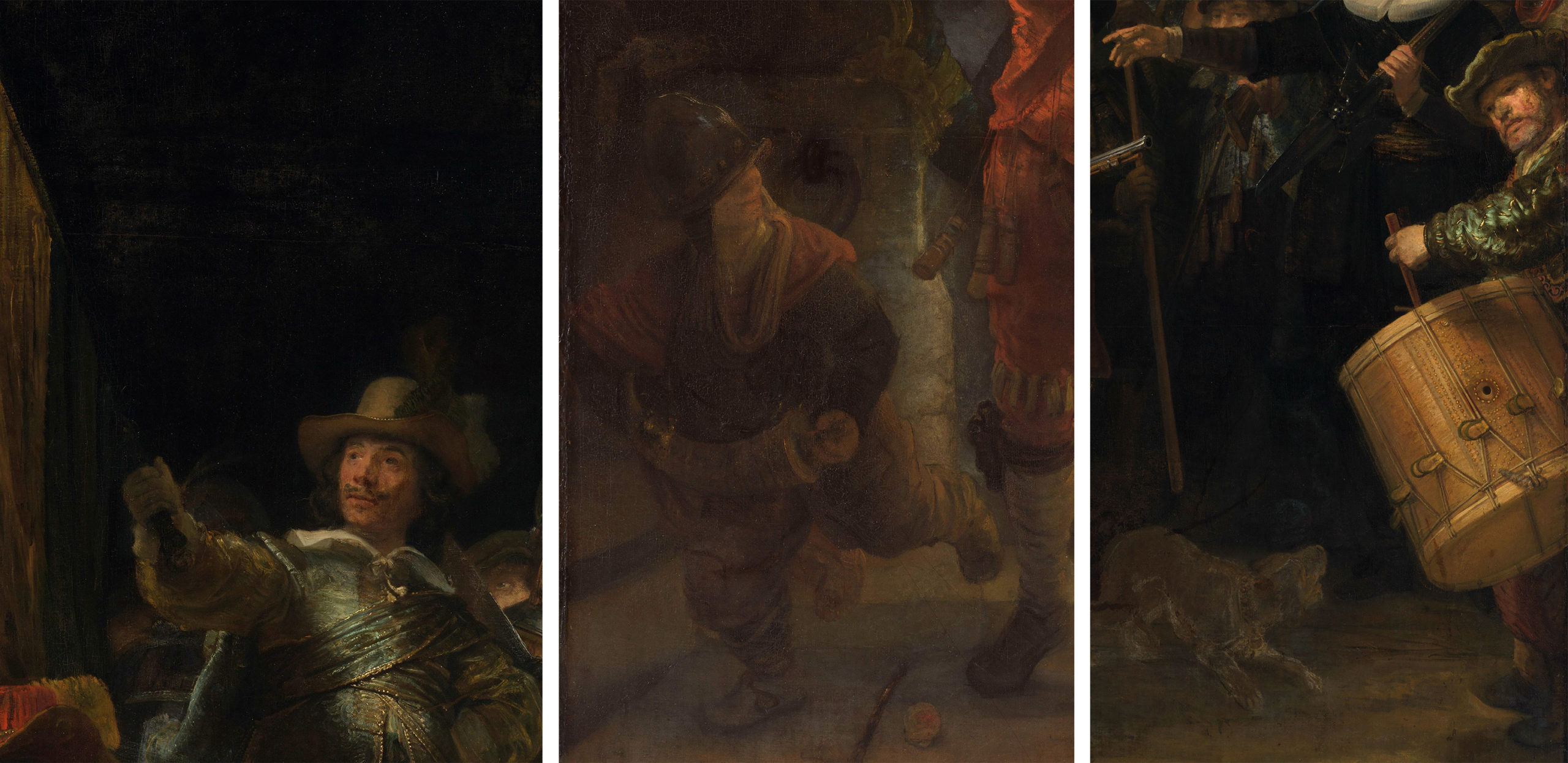 Details, left to right: Standard bearer, young boy with powder horn, and drummer with dog, Rembrandt van Rijn, The Night Watch, 1642, oil on canvas, 379.5 x 453.5 cm (Rijksmuseum, Amsterdam, Netherlands)