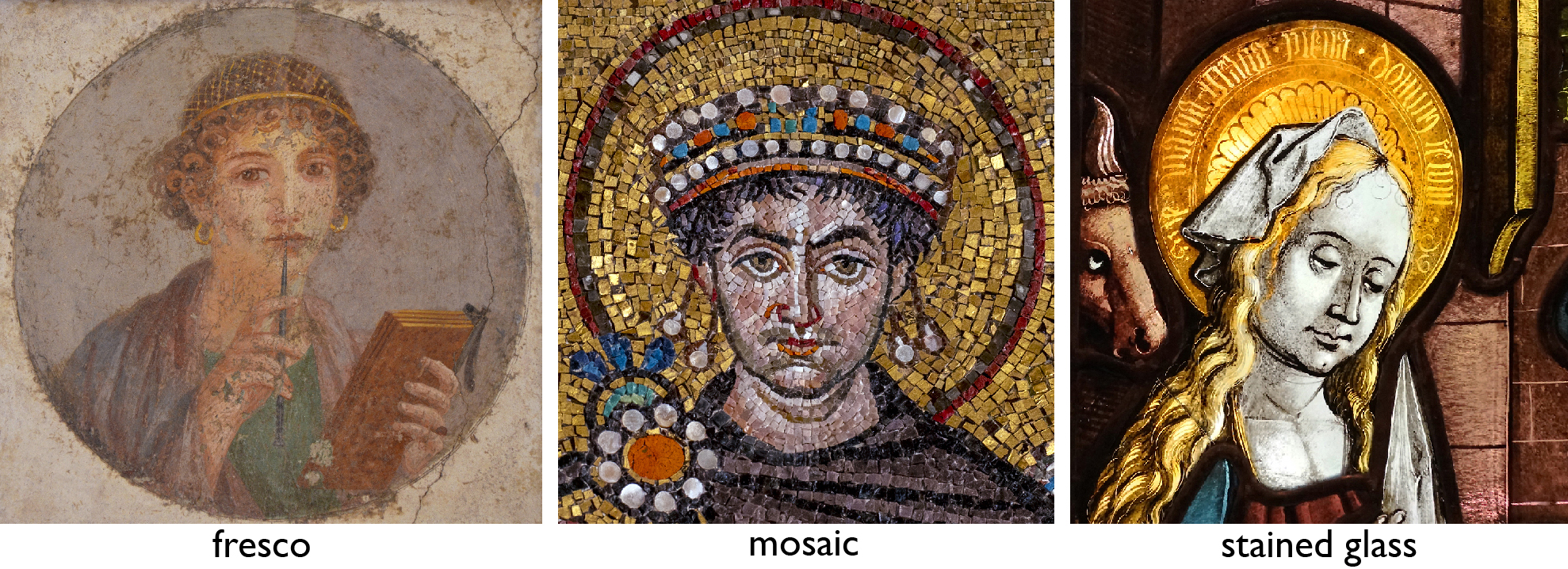 Left: Woman with wax tablets and stylus, c. 50 C.E., fresco (National Archaeological Museum, Naples; photo: Meidosensei, CC BY-SA 2.0); center: Justinian (detail), Justinian and Attendants, mosaic, north wall of the apse, San Vitale, Ravenna, Italy, c. 547 (photo: Steven Zucker, CC BY-NC-SA 2.0); right: Circle of Peter Hemmel von Andlau (Strassburger Werkstattgemeinschaft), Adoration of the Magi (detail), 1507, Munich, Germany, pot metal and colorless glass, vitreous paint, and silver stain, 72.4 x 45.7 cm (Cloisters, The Metropolitan Museum of Art; photo: Steven Zucker, CC BY-NC-SA 2.0)