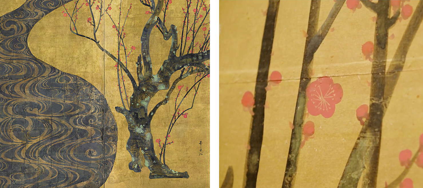 Left: Right half (detail), Ogata Kōrin, Red and White Plum Blossoms, Edo period, 18th century, pair of two-fold screens, color and gold leaf on paper, 156 x 172.2 cm each, National Treasure (MOA Museum, Atami, Japan); Right: Red blossoms (detail), Ogata Kōrin, Red and White Plum Blossoms, Edo period, 18th century, pair of two-fold screens, color and gold leaf on paper, 156 x 172.2 cm each, National Treasure (MOA Museum, Atami, Japan)