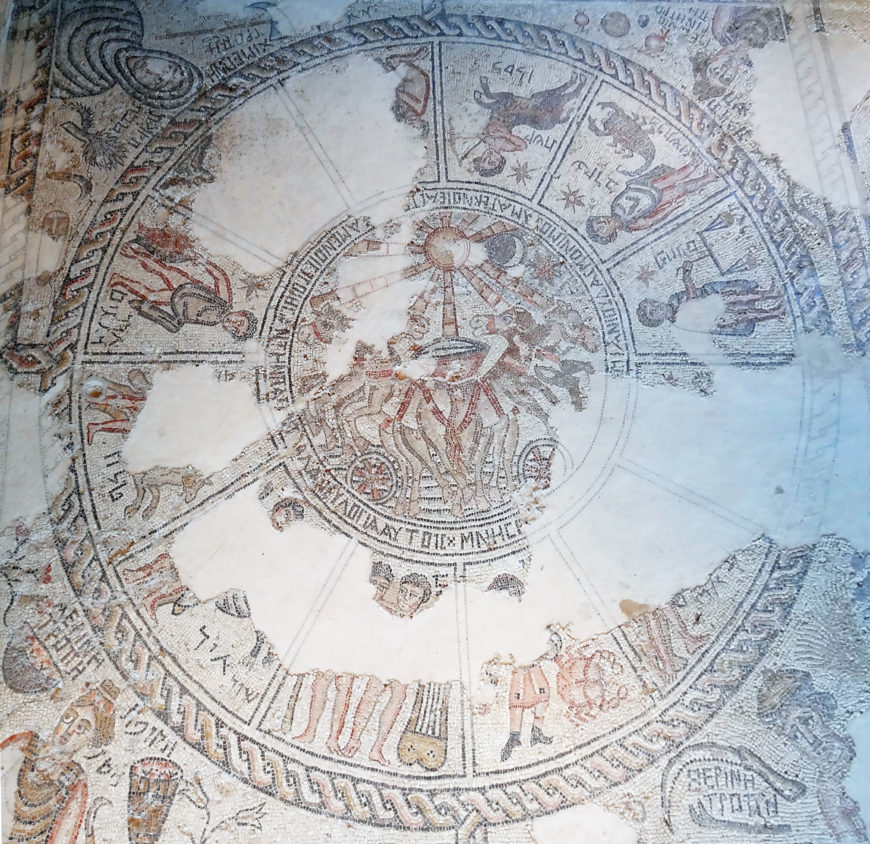 Personifications of the four seasons, zodiac, and Sol, Sepphoris synagogue, Galilee, 5th century C.E. (Manar al-Athar)