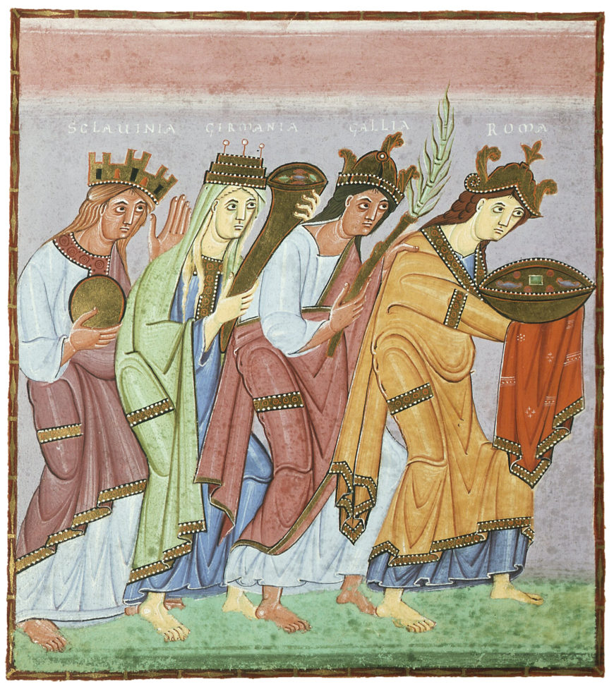 Provinces Bringing Tribute (f.23v.), Gospels of Otto III, c. 1000, ink, gold, paint, parchment, 33.4 x 24.2 cm (Bayerische Stattsbibliothek, Munich)