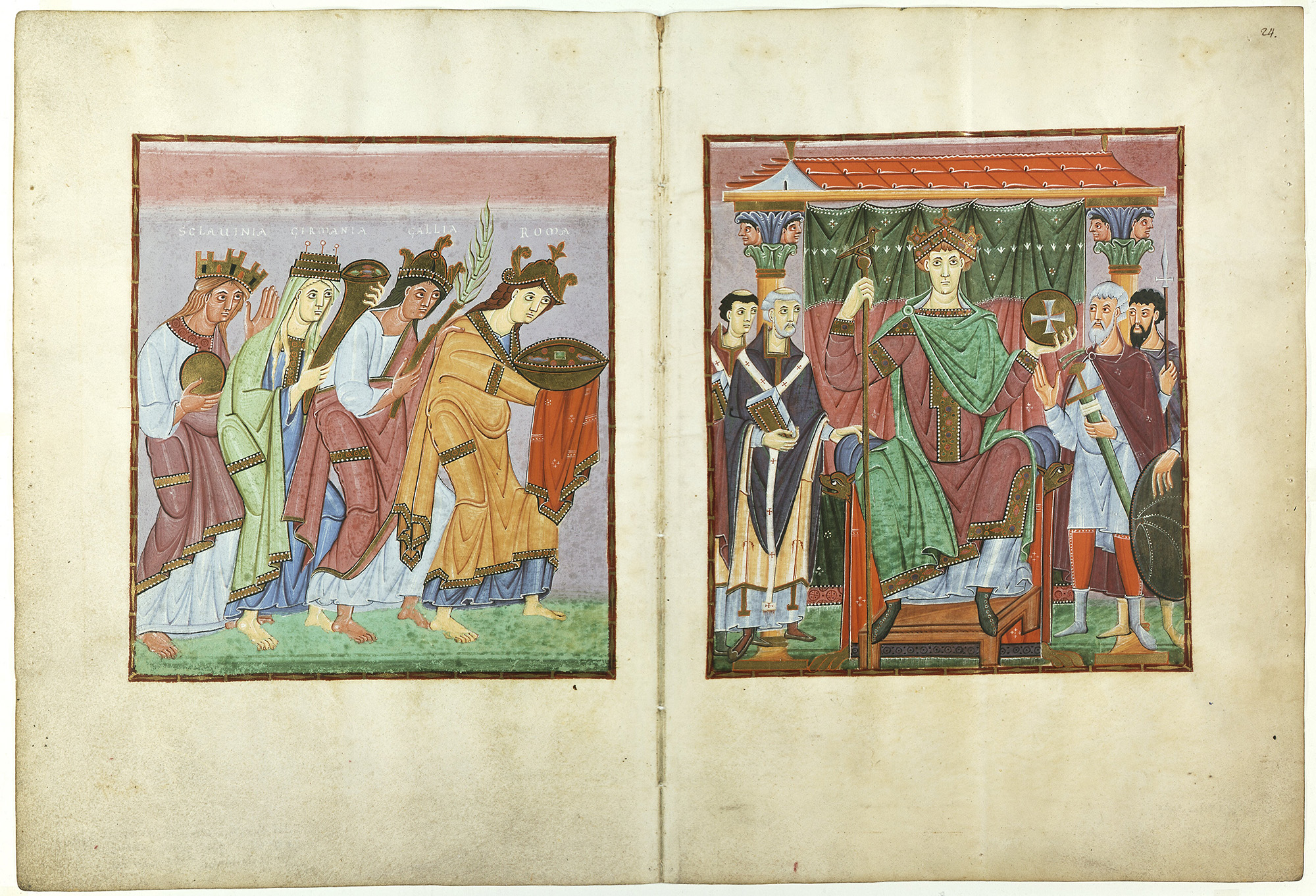 Double page opening: Provinces Bringing Tribute (f.23v.) and Ruler Portrait of Otto III (f.24), Gospels of Otto III, c. 1000, ink, gold, paint, parchment, each page 33.4 x 24.2 cm (Bayerische Staatsbibliothek, Munich, Clm.4453)