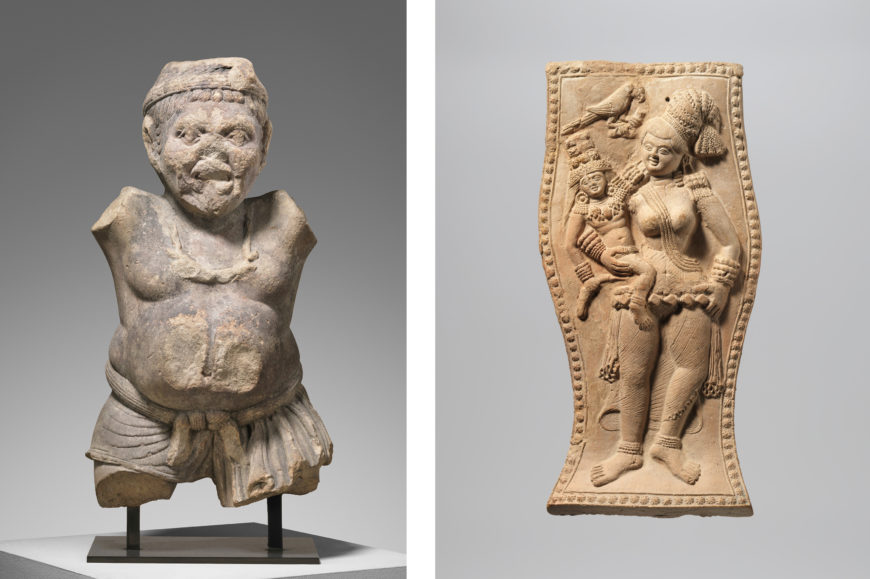 Left: Yaksha, c. 50 B.C.E., India, sandstone, 45.7 x 33 x 88.9 cm (The Metropolitan Museum of Art); right: Yakshi Holding a Crowned Child with a Visiting Parrot, c. 50 B.C.E., India, terracotta, 11.7 x 23.5 cm (The Metropolitan Museum of Art)