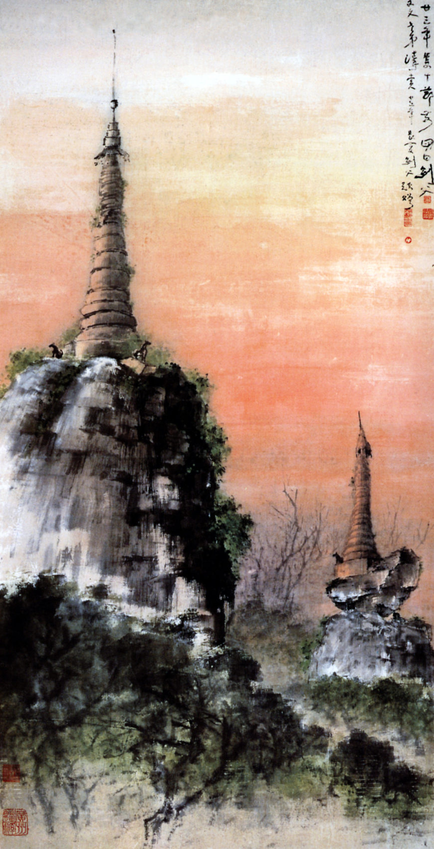 Gao Jianfu (1879-1951), Stupa Remains in Burma, 1934, hanging scroll, ink and color on paper. 162 x 84 cm. The Art Museum, Chinese University of Hong Kong.