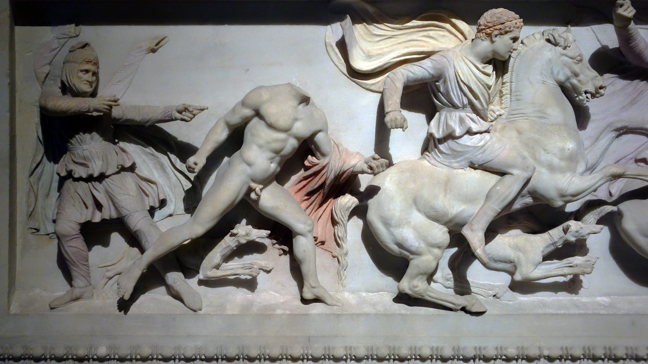 An interest in human anatomy and ideal bodies can be seen in this ancient Greek sarcophagus. Hunting scene (detail), The Alexander Sarcophagus, c. 312 B.C.E., Pentelic marble and polychromy, found in Sidon, 195 x 318 x 167 cm (İstanbul Archaeological Museums; photo: Steven Zucker, CC BY-NC-SA 2.0)