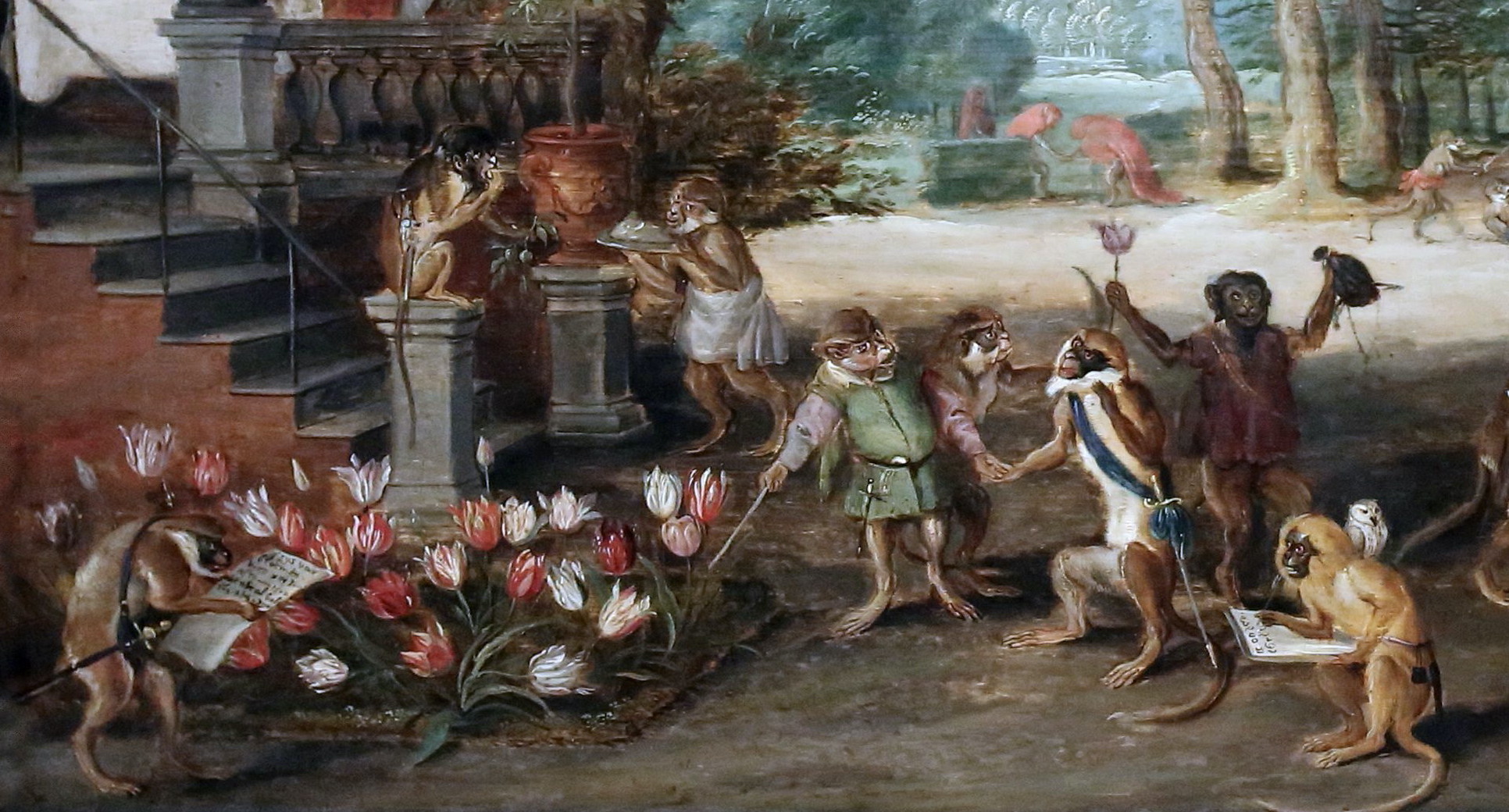 Brueghel suggests the economic folly of tulip mania by depicting speculators as brainless monkeys in contemporary upper-class dress (detail), Jan Brueghel the Younger, Satire on Tulip Mania, c. 1640, oil on panel, 31 x 49 cm (Frans Hals Museum, Haarlem)