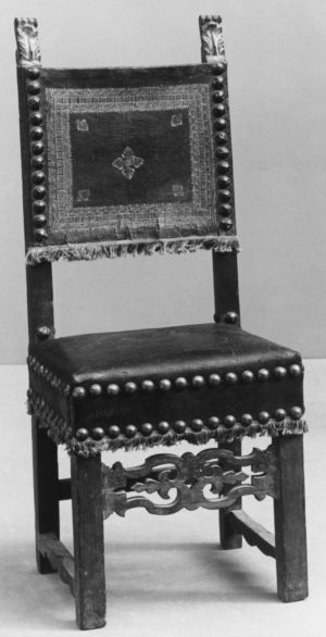 Side chair, late 16th century, walnut and leather, Florence, Italy, 121.3 × 49.5 × 41.3 cm (The Metropolitan Museum of Art)