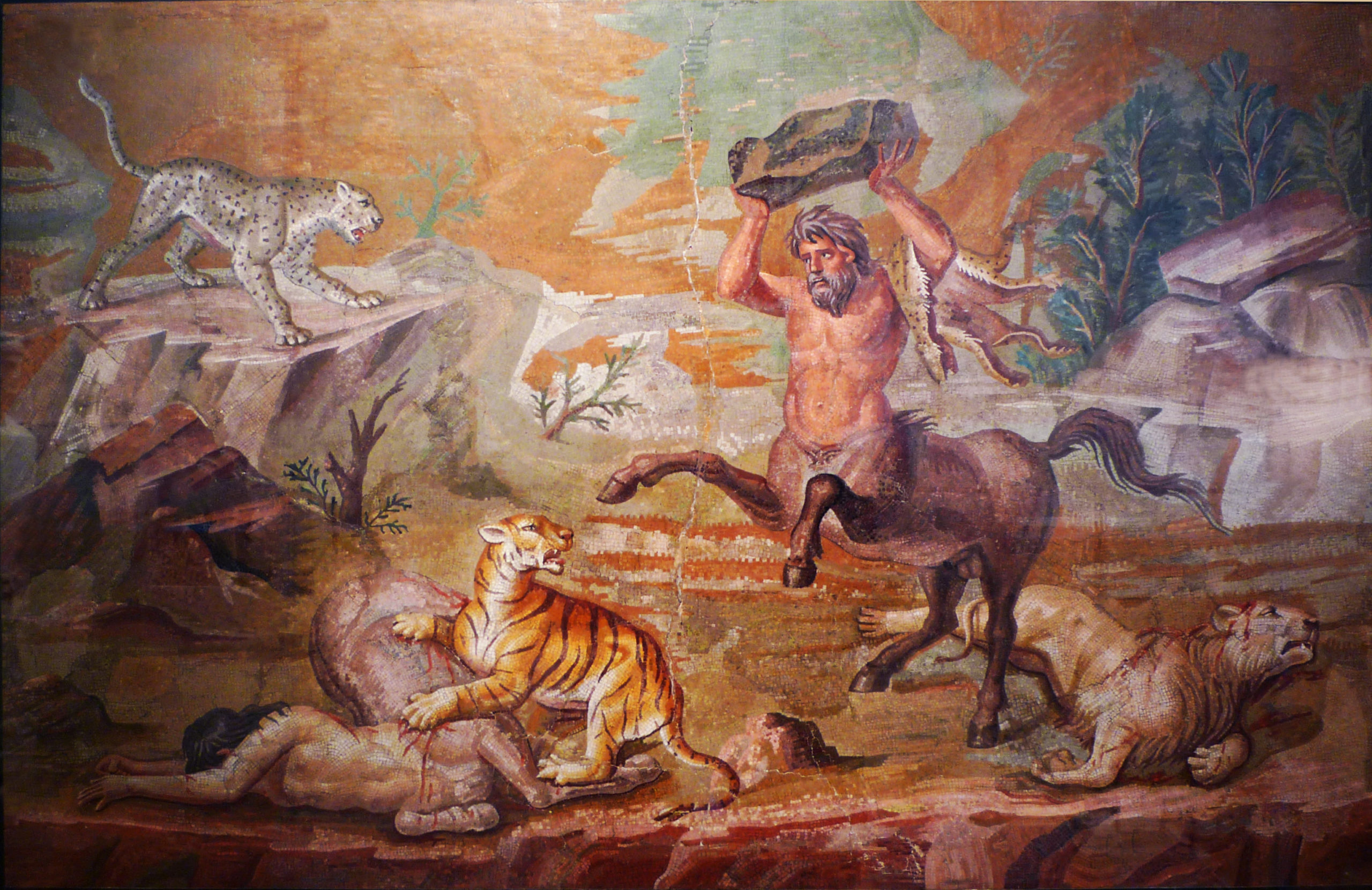 Pair of Centaurs Fighting Cats of Prey from Hadrian's Villa, mosaic, c. 130 C.E. (Altes Museum, Berlin, photo: Steven Zucker, CC BY-NC-SA 2.0)