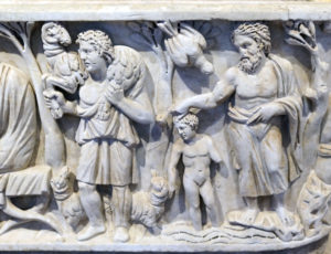 Good Shepherd and Baptism (detail), Santa Maria Antiqua Sarcophagus, c. 275 C.E., white veined marble, found under the floor of Santa Maria Antiqua, Rome (photo: Steven Zucker, CC BY-NC-SA 2.0)