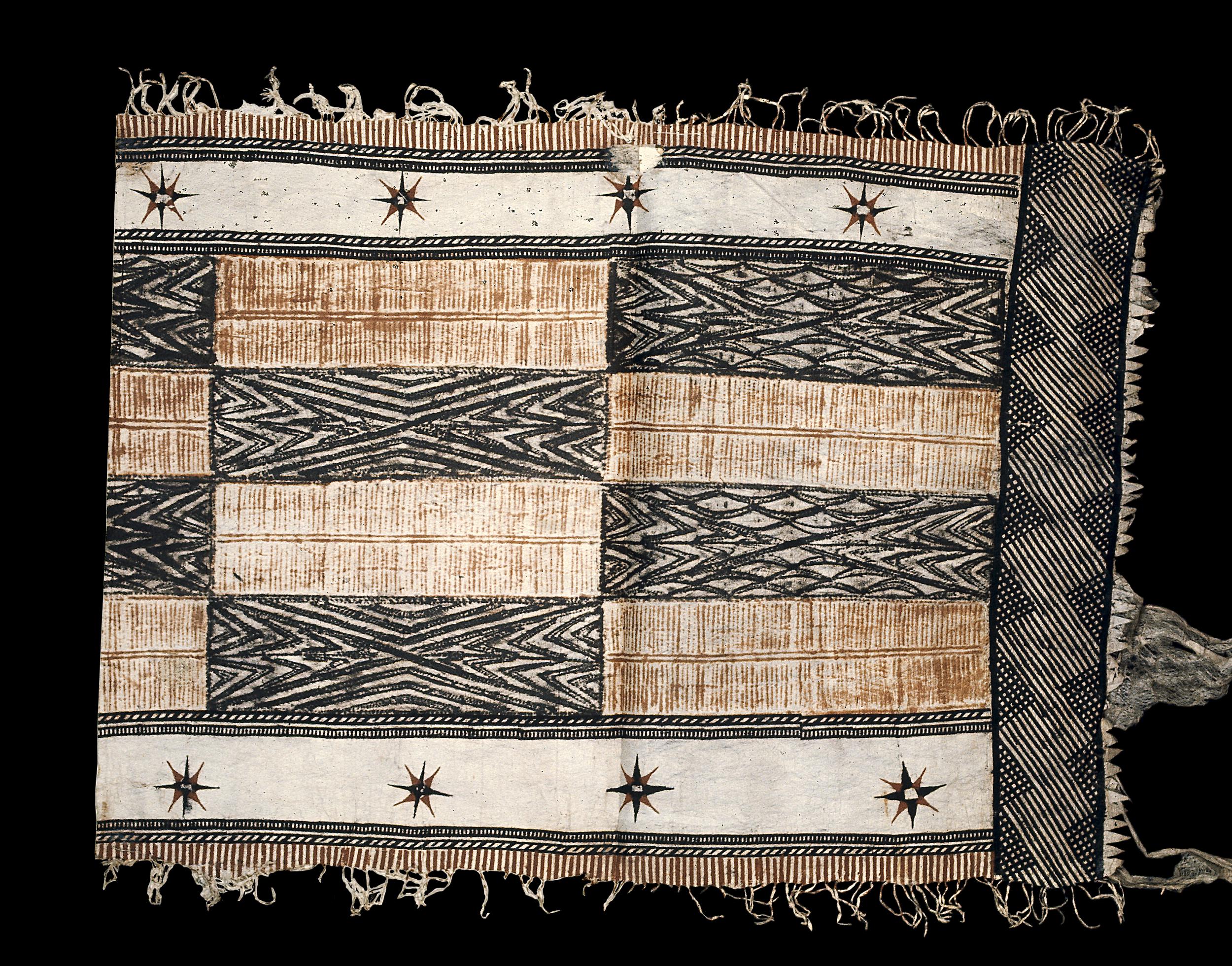 Barkcloth strip, Fiji, c. 1800–50, worn as a loin cloth, decorated with a combination of free-hand painting, cut out stencils and by being laid over a patterned block and rubbed with pigment (© The Trustees of the British Museum)