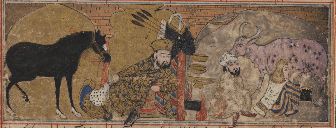 Bahram Gur looking toward peasant and woman on the right (detail), "Bahram Gur in a Peasant's House," folio from the so-called "Second Small Shahnama," early 14th c., ink, opaque watercolors, gold on paper, 16 x 14.5 cm, Iran (Brooklyn Museum of Art)