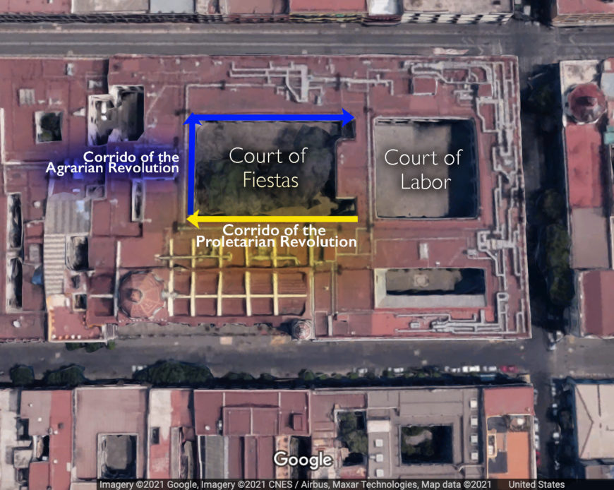 Diagram of the 3rd floor mural program for the Court of Fiestas, Secretaría de Educación Pública, Mexico City (underlying map © Google)