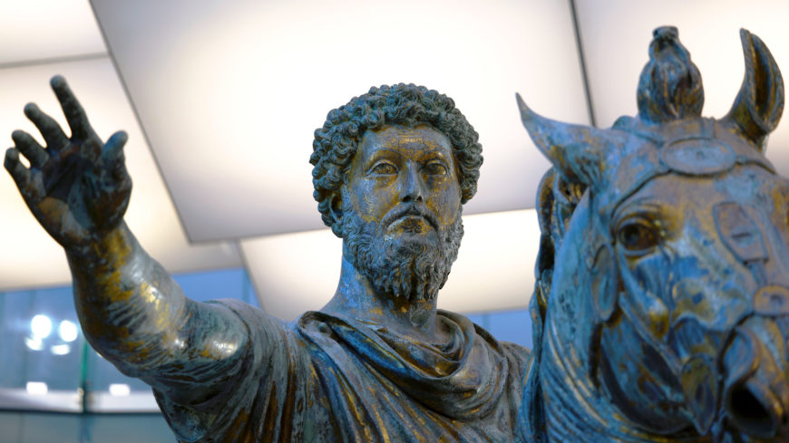 Portrait head (detail), Equestrian Statue of Marcus Aurelius, gilded bronze, c. 173–76 C.E., 424 cm height (Capitoline Museums, Rome; photo: Steven Zucker, CC BY-NC-SA 2.0)