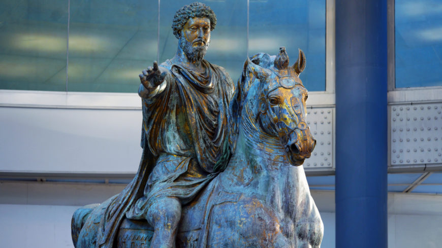 Horse and rider (detail), Equestrian Statue of Marcus Aurelius, gilded bronze, c. 173–76 C.E., 424 cm height (Capitoline Museums, Rome; photo: Steven Zucker, CC BY-NC-SA 2.0)