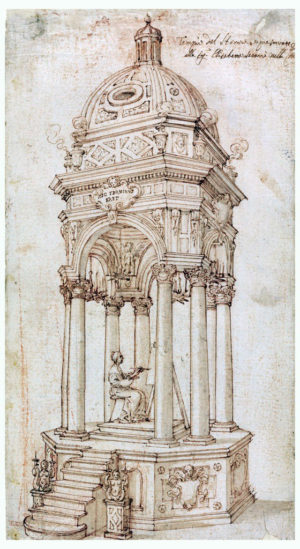 Catafalque of Elisabetta Sirani, designed by Matteo Borboni pen and brown ink, brush and brown wash, red chalk on off-white laid paper, Italy, 29.9 x 16.3 cm (Cooper Hewitt)