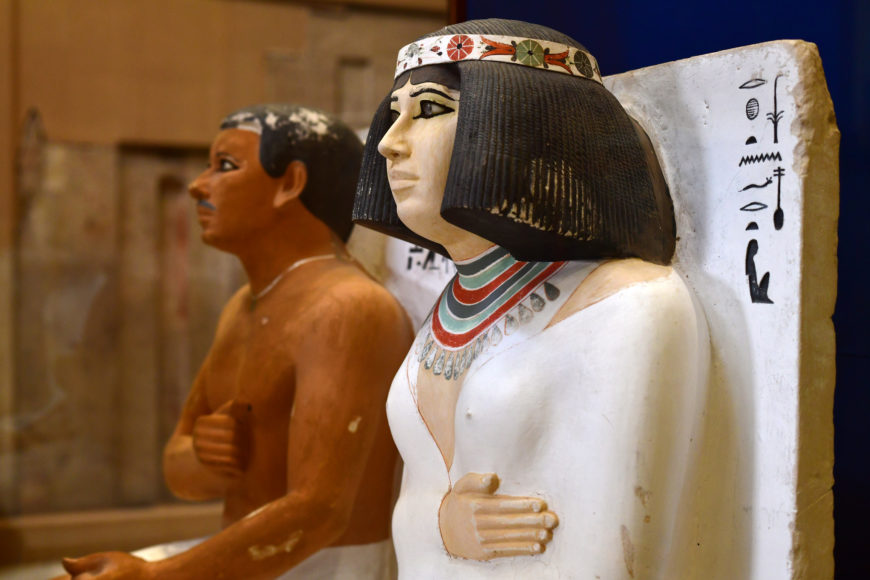 Beautifully preserved life-size painted limestone funerary sculptures of Prince Rahotep and his wife Nofret. Note the lifelike eyes of inlaid rock crystal (Meidum, Old Kingdom) (Egyptian Museum, Cairo; photo: Panegyrics of Granovetter, CC BY-SA 2.0)