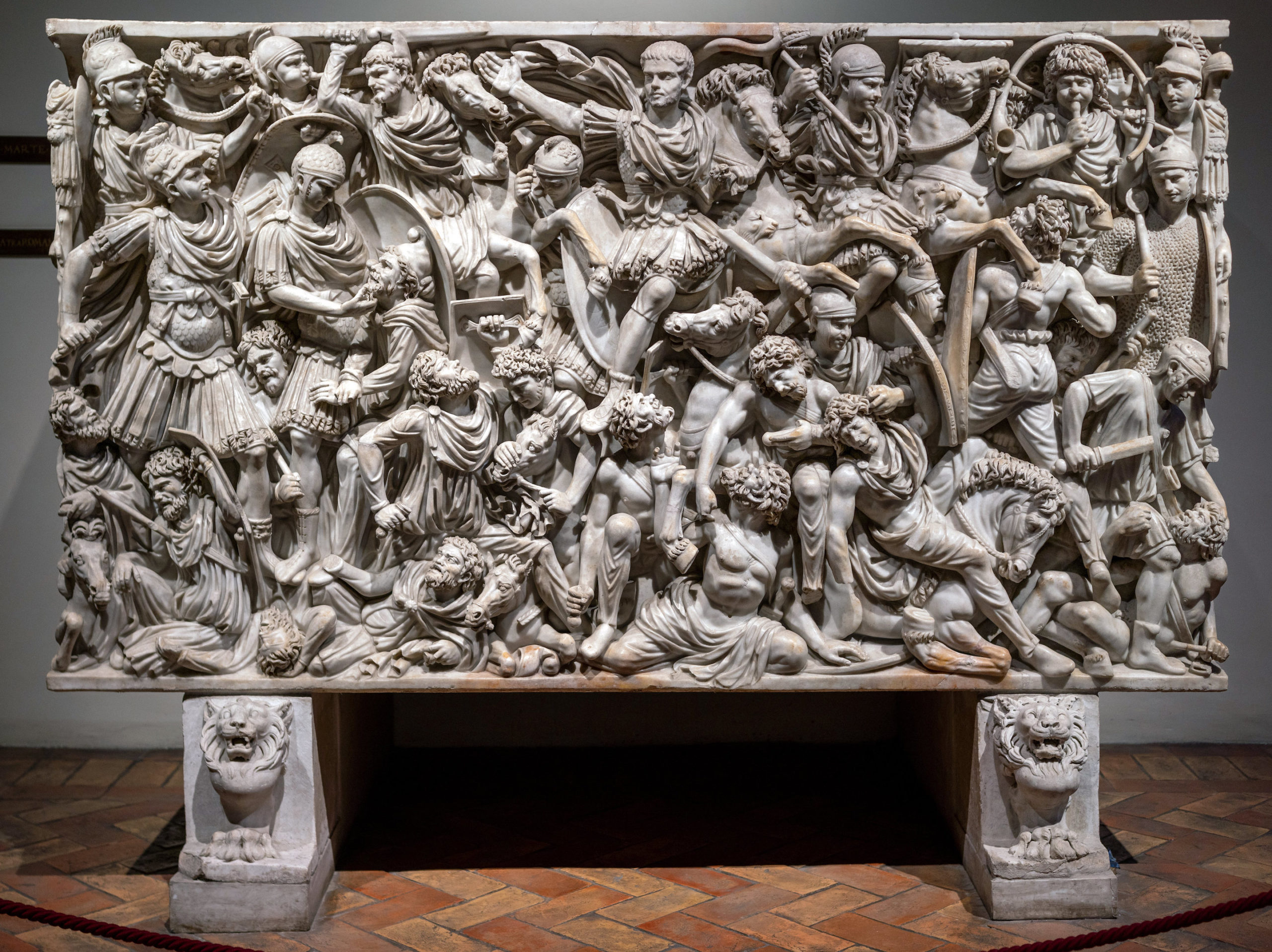Ludovisi Battle Sarcophagus: Battle of Romans and Barbarians, c. 250–60 C.E., preconneus marble, 150 cm high (Palazzo Altemps: Museo Nazionale Romano, Rome; photo: Steven Zucker, CC BY-NC-SA 2.0)