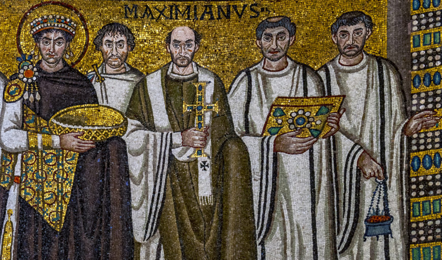Clergy and Justinian (detail), Justinian mosaic, San Vitale, consecrated 547, Ravenna, Italy (photo: Steven Zucker, CC BY-NC-SA 2.0)