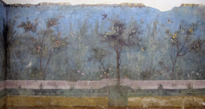 Painted Garden, removed from the triclinium (dining room) in the Villa of Livia Drusilla, Prima Porta, fresco, 30–20 B.C.E. (Museo Nazionale Romano, Palazzo Massimo, Rome; photo: Steven Zucker, CC BY-NC-SA 2.0)